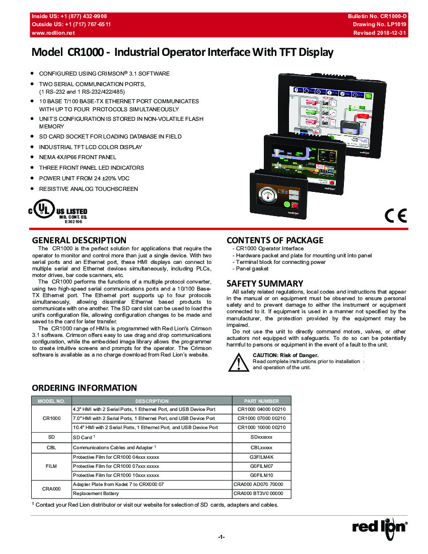 First Page Image of Red Lion CR1000 Product Manual.pdf